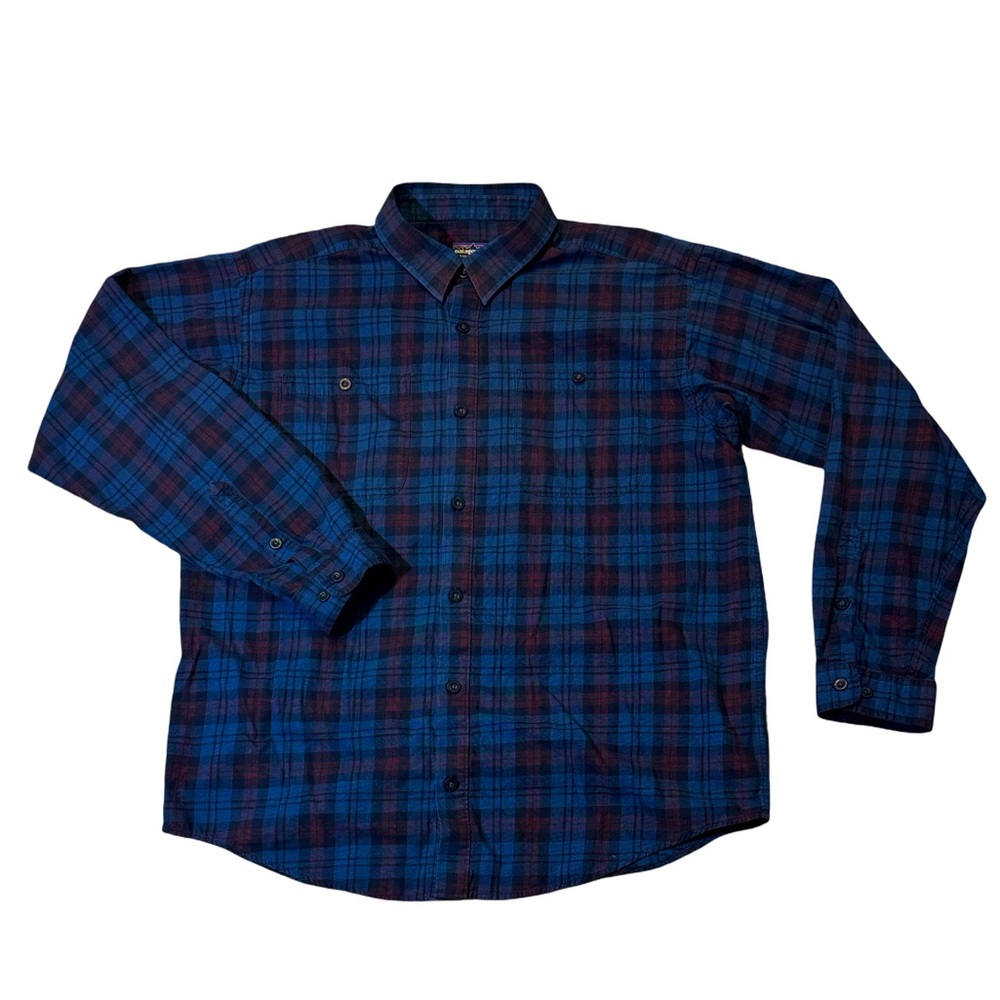 Patagonia mens L Large blue red plaid organic cotton button up casual shirt EUC
